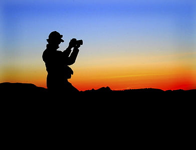 fotograf, východ slunce, silueta, Dawn, obloha, barevné, modrá