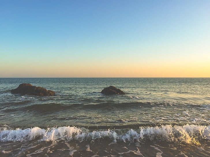 vista panorâmica, fotografia, oceano, azul, céu, pôr do sol, praia