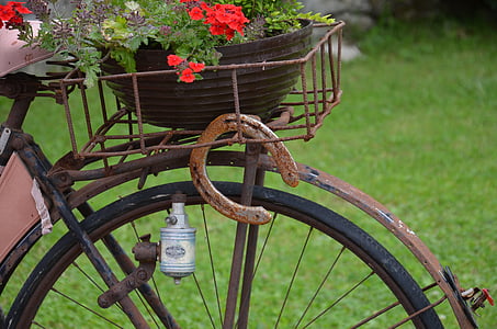 horseshoe, old bicycle, stainless, old, rusty, wheel, rust