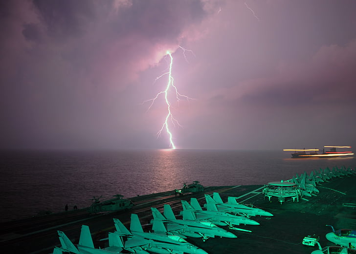 strait of malacca, sky, clouds, lightning, storm, thunderstorm, aircraft carrier