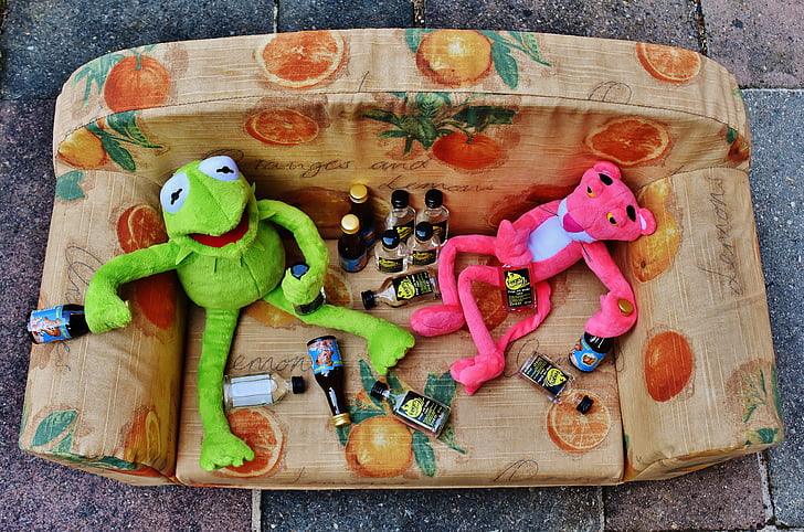 Kermit, Ružový panter, priatelia, oslavu, opitý, alkohol, nápoj