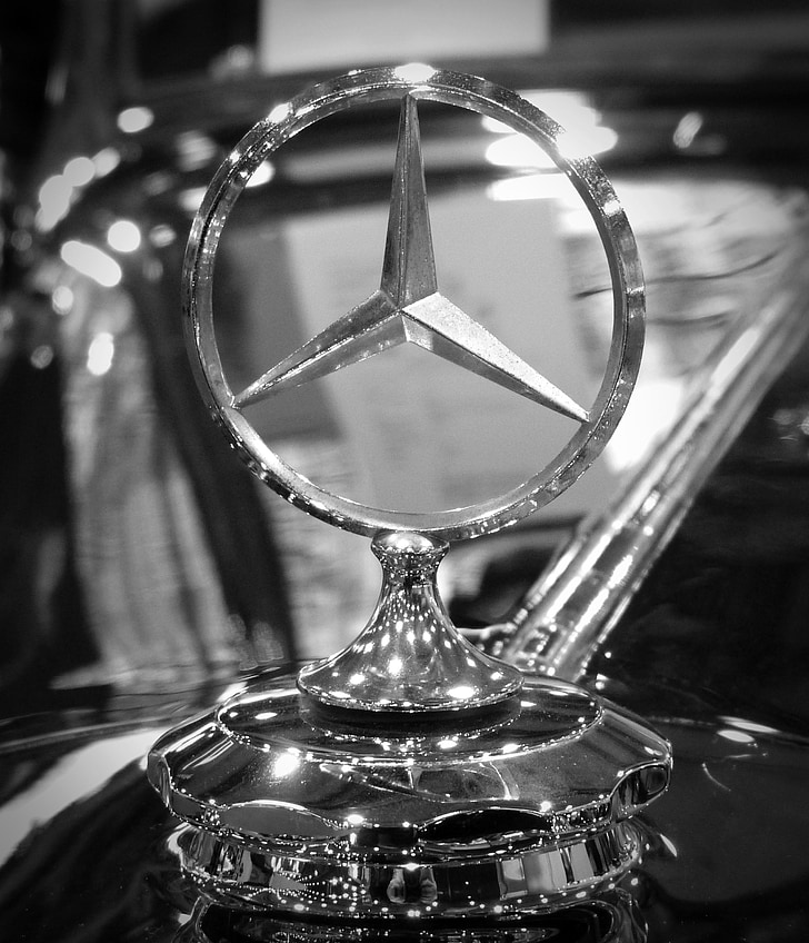 Oldtimer, emblem, Mercedes, logo, sølv, cool figur, køretøj