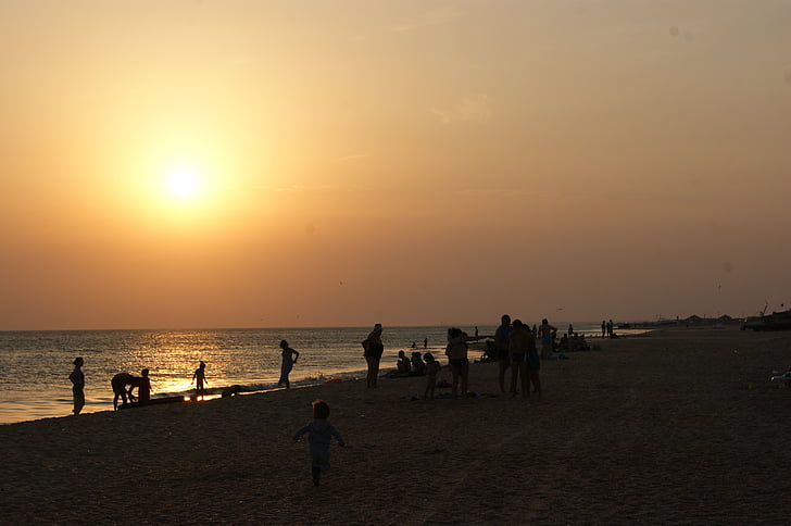 puesta de sol, mar, Playa, paisaje, verano, chico, siluetas