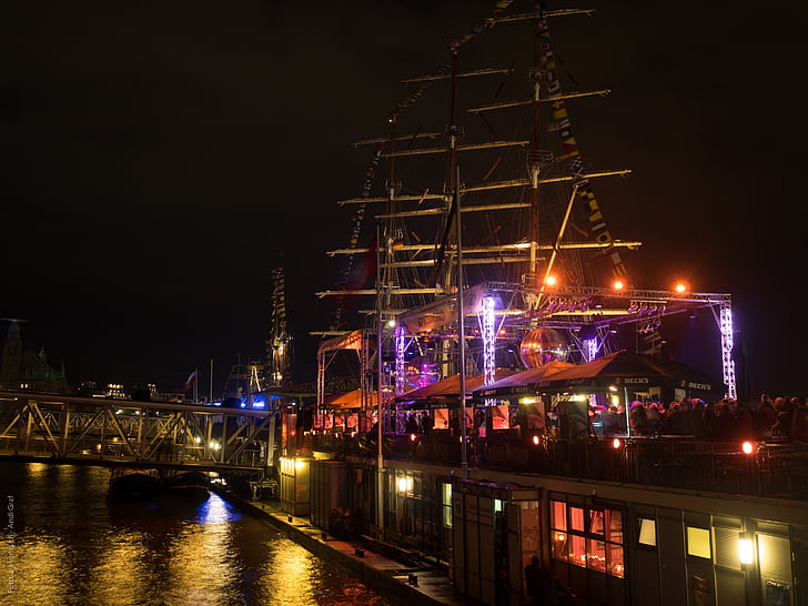 Hamburgo, à noite, hafengeburtstag, veleiro, vela, cordame, nave