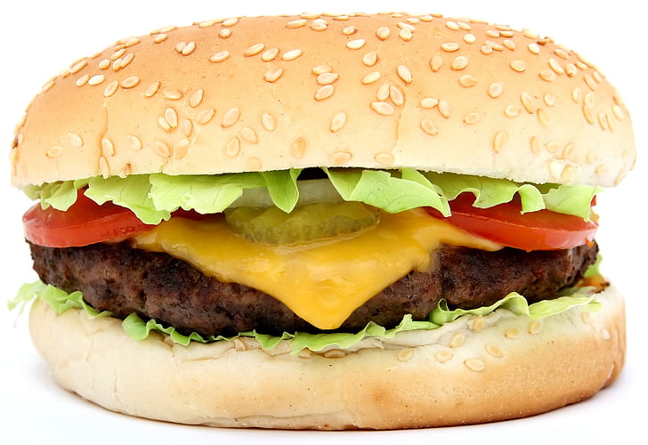 apetit, govedina, veliki, kruh, kolač, hamburger, kalorija