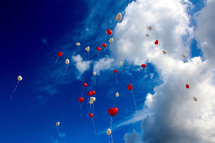 balloons, clouds, fly, heart, heart shaped, love, red