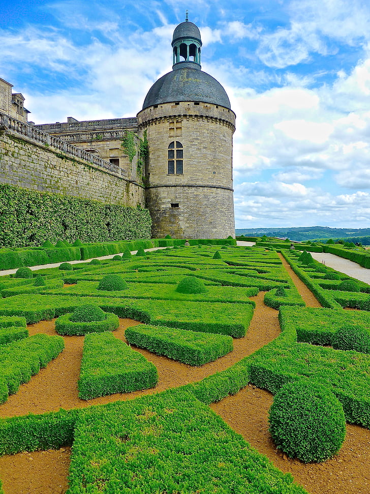 trädgård, HAUTEFORT, Chateau, Frankrike, medeltida, slott, historiska