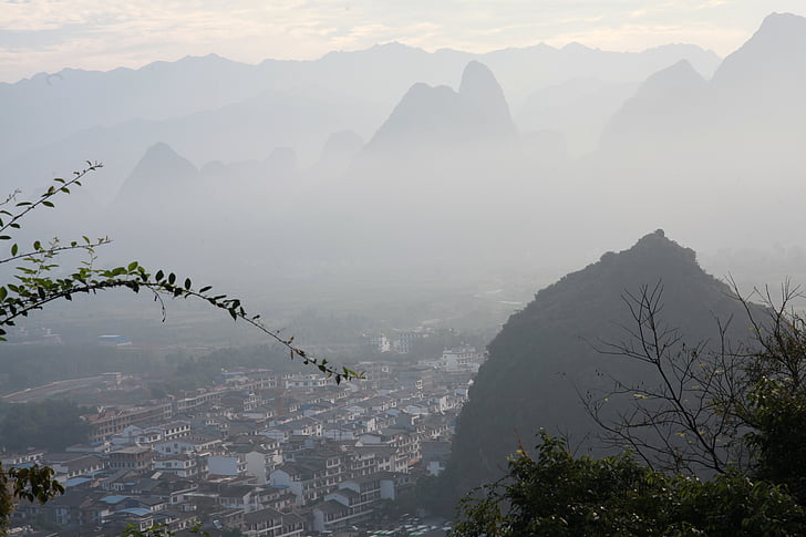 Οδός, xingping, η αρχαία πόλη, θέα, πόλη, βουνό, ομίχλη