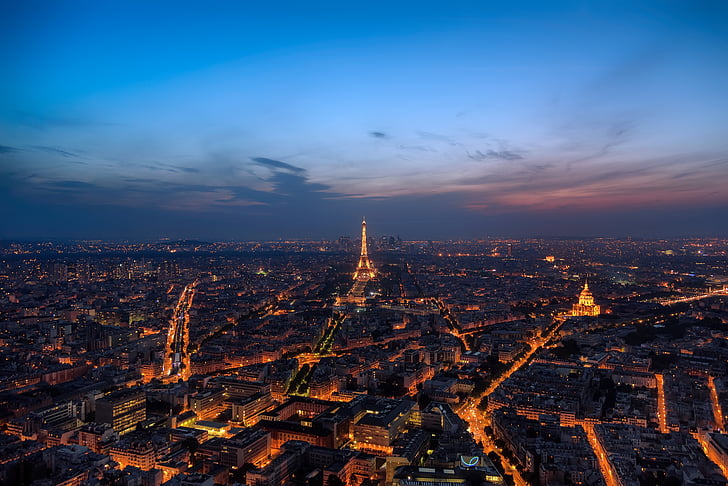 Paris, Stadt, Eiffel, Turm, Sonnenuntergang, Himmel, berühmte