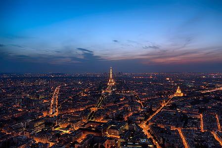 Paříž, město, Eiffel, věž, Západ slunce, obloha, slavný