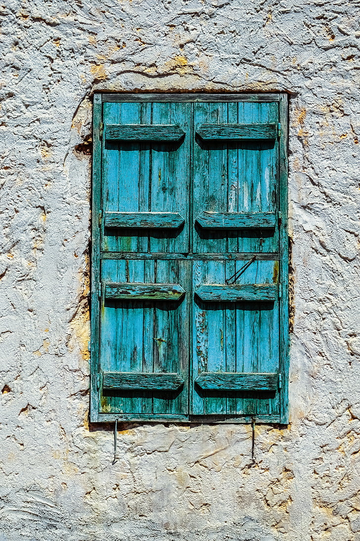 okno, drewniane, stary, w wieku, wyblakły, zardzewiały, niebieski
