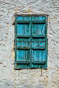 okno, dřevěný, staré, ve věku, zvětralý, rezavý, modrá