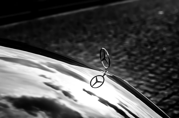 Mercedes, luksus, melna, lietus, ūdens, melnbalts, pārdomas