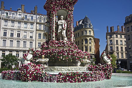 Lyon, fontene, blomst, festivalen