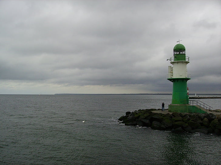 svetilnik, morje, oblaki, dež, gewitterstimmung, obzorje