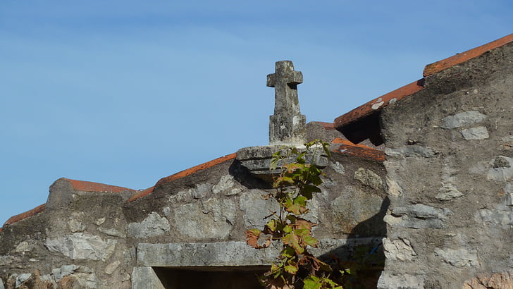 stará architektura, kříž, symboly, náboženství, cihla, střešní, kamenná zeď