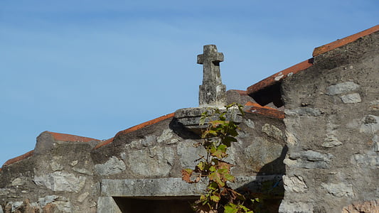 oude architectuur, Kruis, symbolen, religie, baksteen, op het dak, stenen muur