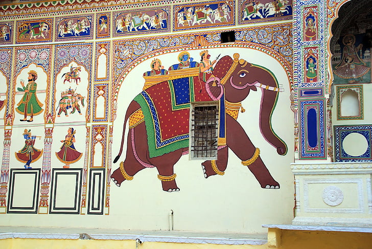 India, Rajastan, shekawati, schilderijen, fresco 's, decoratie, het platform