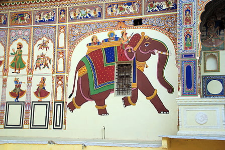 India, rajastan, shekawati, festmények, freskók, dekoráció, építészet
