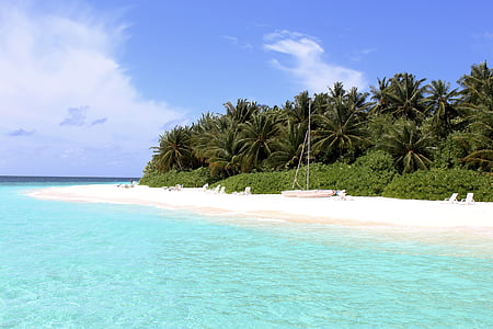 Maldive, plajă, mare, turcoaz, cer, nori, vacanta