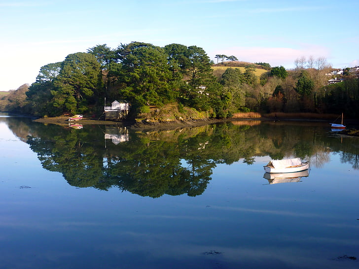 Lago, espejado, agua, arranque, Cornwall, St en roseland, naturaleza