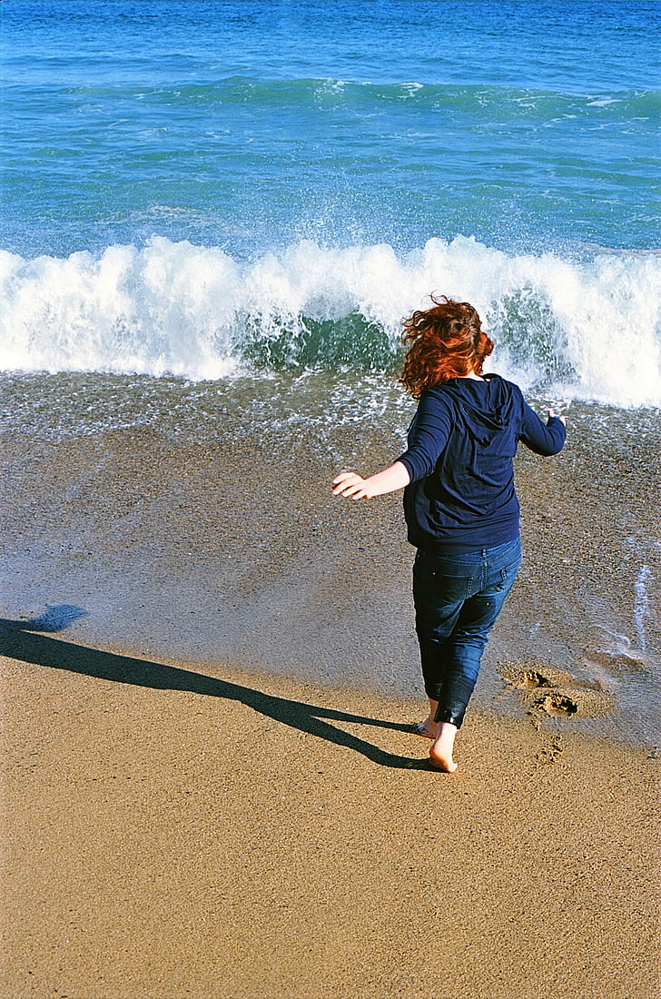 trčanje, radost, plaža, pijesak, oceana, more, valovi