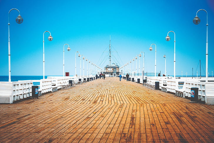 boardwalk, pier, sea, coast, ocean, blue, vacation