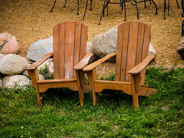 adirondack chairs, lawn, rocks, brown, wood