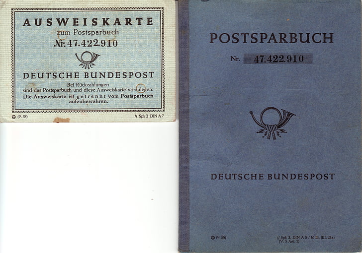Llibreta d'estalvis, correu, anyada, 1958, Alemanya, paper vell, passat