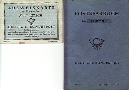 savings book, post, vintage, 1958, germany, old paper, past