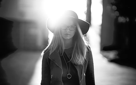 people, woman, girl, lady, hat, glasses, black and white