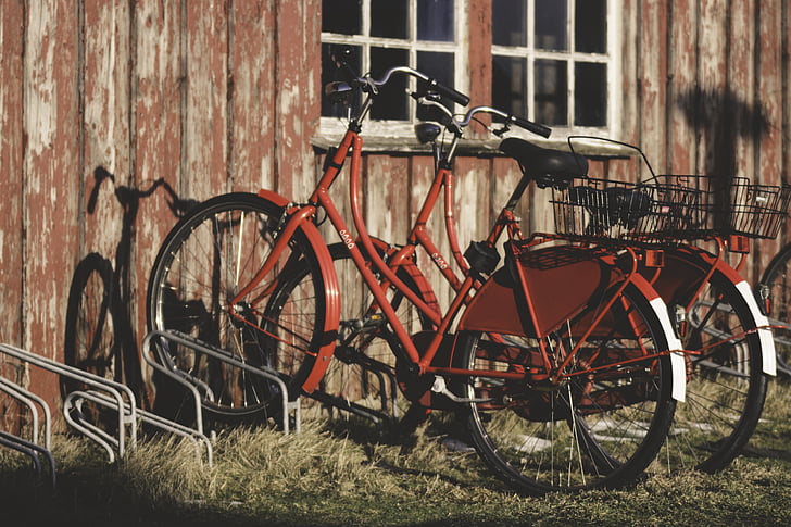 ποδήλατα, κόκκινο, ποδήλατο, σειρά, Hauswand