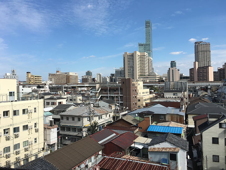 Osaka, tetto, cielo blu, Giappone, paesaggio