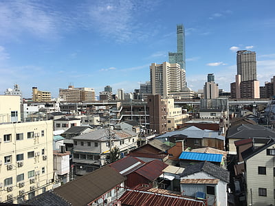 Osaka, telhado, céu azul, Japão, paisagem
