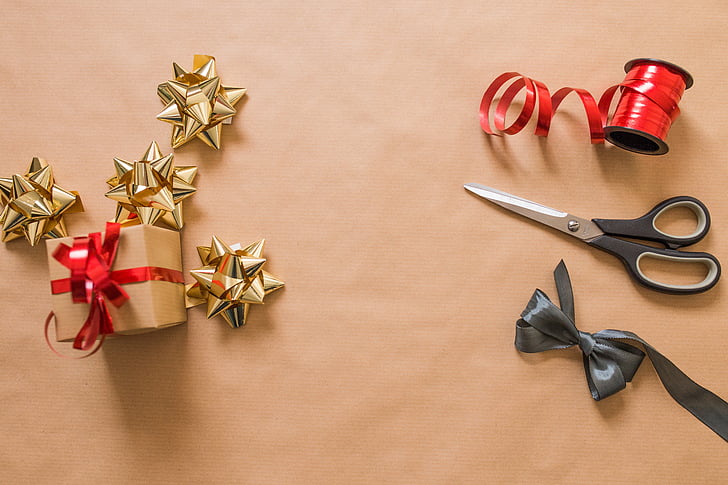 gift, box, bow, near, scissors, red, ribbon