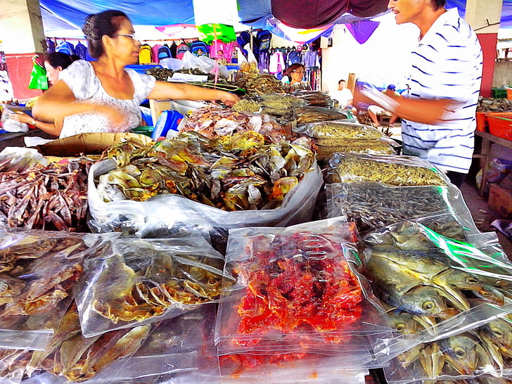 gedroogde vis, markt, mensen, schaal-en schelpdieren, droog, voedsel, vis