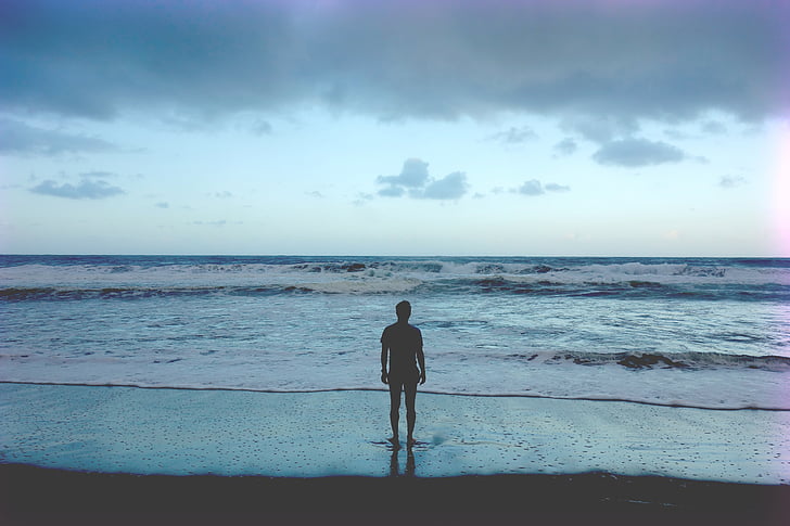 man, standing, seashore, facing, ocean, beach, sand