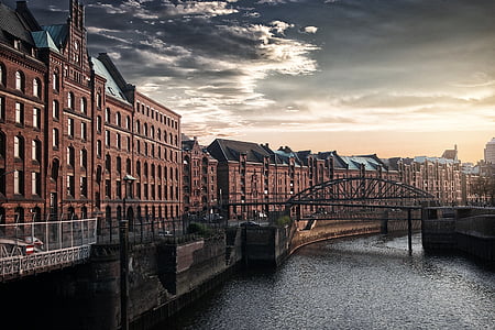 mesto, reka, nebo, Hamburg, oblaki, most, sončni zahod