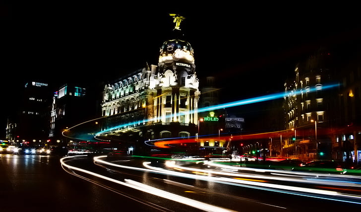 Madrid, Spanien, staden, stadsbild, Urban, byggnader, natt