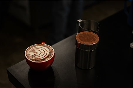 bruin, cappuccino, kunst, zwart, houten, tabel, koffie