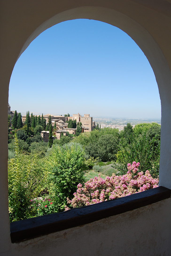 Granada, Alhambra, Spanyolország, Park, ablak, táj, zöld