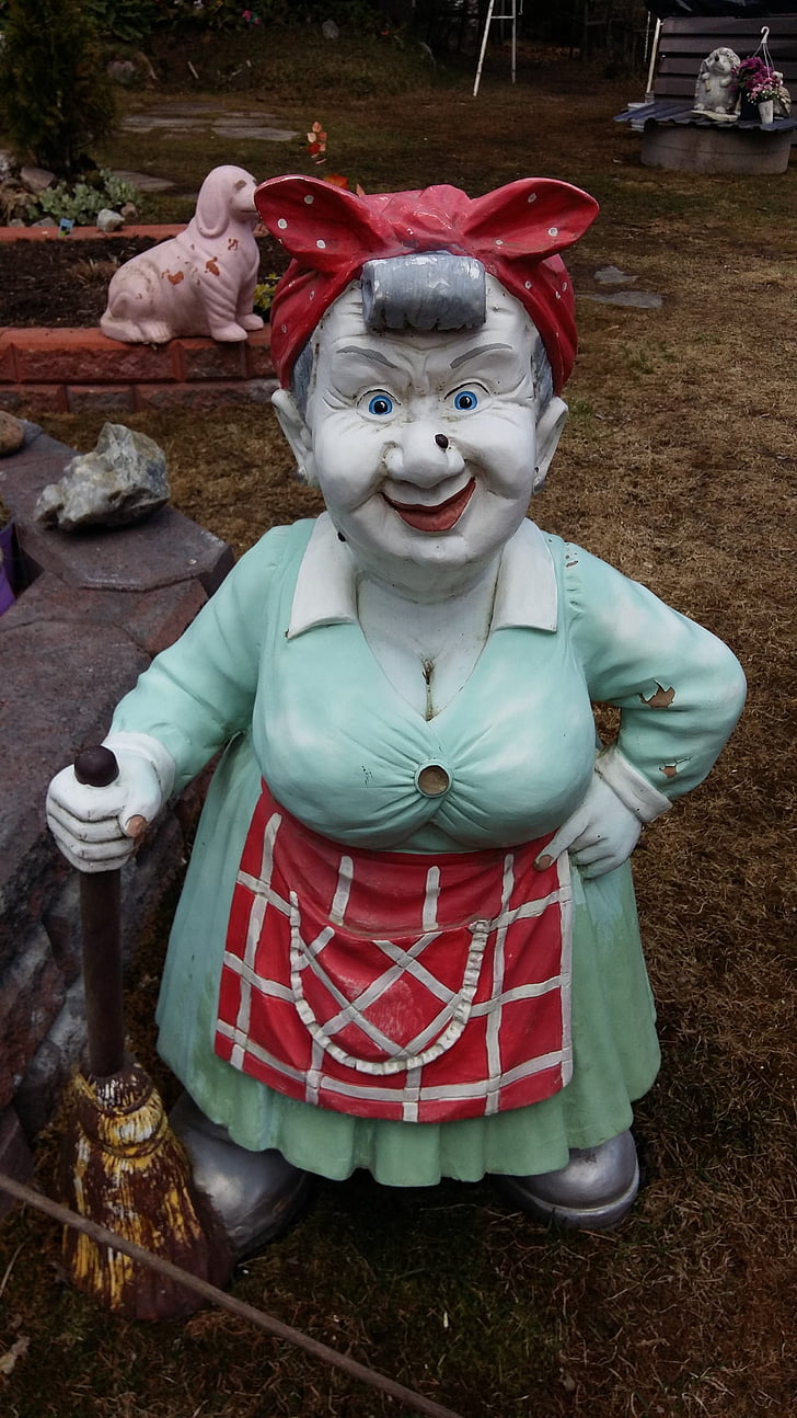 woman, the apron, outdoors, garden, statue