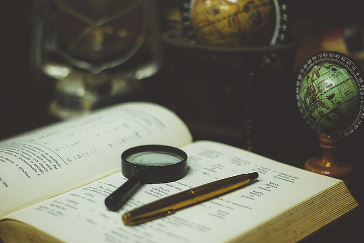 book, fountain pen, globe, magnifying glass, office, research, study