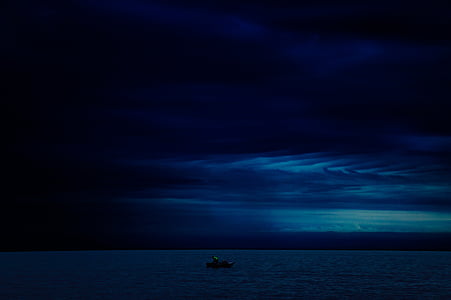 boat, bodies, water, night, time, sky, clouds