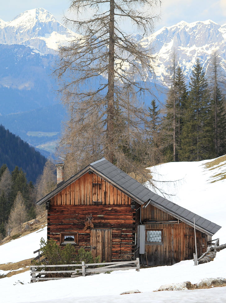 alpine, mountains, snow, building, landscape, wintry, winter