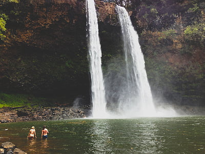 two, woman, bathing, lake, near, waterfall, nature