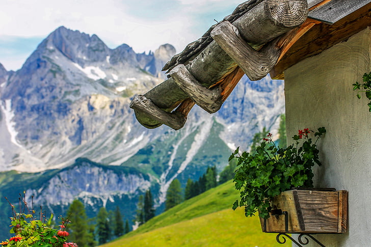 Alpes, arquitetura vernacular, montanhas, Tanya, atmosfera rural, gerânio, paisagem