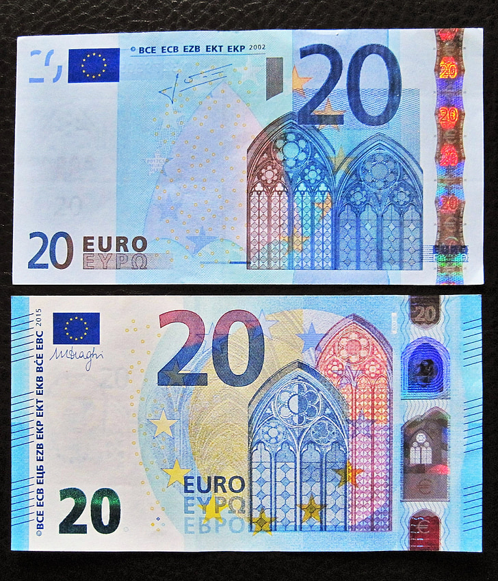 vinte novos e antigos, 20 euros, parte frontal, Nota de banco, 20, moeda, Euro