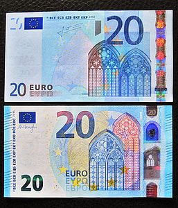 nieuwe en oude twenties, 20 euro, voorzijde, bankbiljet, 20, valuta, euro