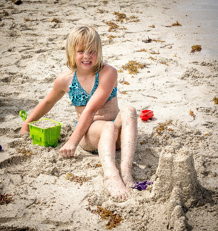 otrok, oseba, ljudje, plaže pesek, igranje, blond, vesel